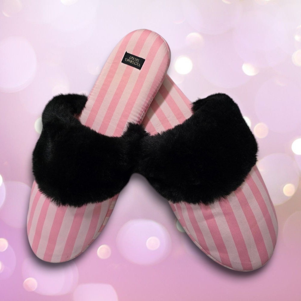 Pink Striped Slippers with Faux Fur